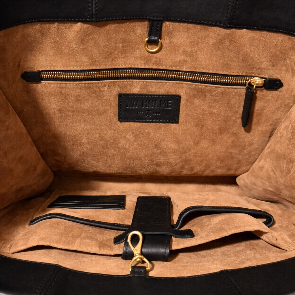 JW Hume Black Full Grain Leather Tote Bag | Luxury Handmade Structured Work Tote | USA Made Classic Leather Handbag