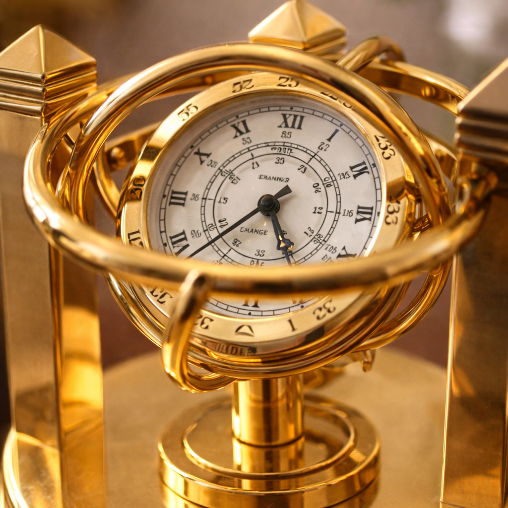 Vintage Brass Desk Clock with Gyroscope Design, Nautical Style Gold Tone