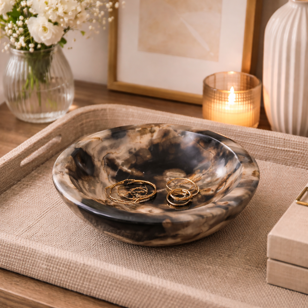 Kalifano Black Onyx Decorative Bowl | Handcrafted Natural Stone Centerpiece | Luxury Home Decor Accent