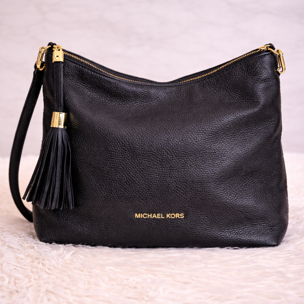 Michael Kors Black Pebbled Leather Hobo Bag | Gold Hardware Tassel Shoulder Bag | Designer Slouchy Purse
