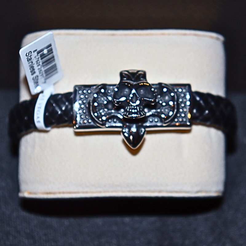 Kalifano Gothic Skull Stainless Steel and Leather Bracelet