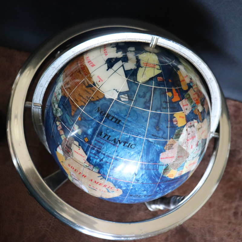 Medium Blue  and Silver Semi Precious Stone Globe (14 Inch Double Spin)