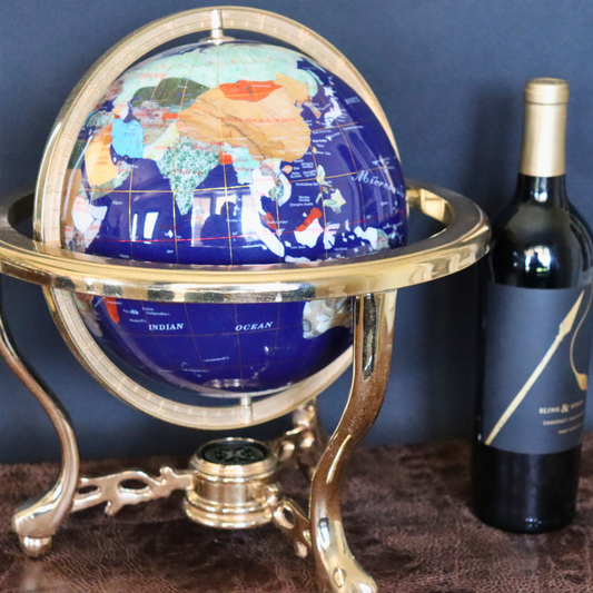 Medium Blue and Brass Semi Precious Stone Globe (14 Inch Double Spin)