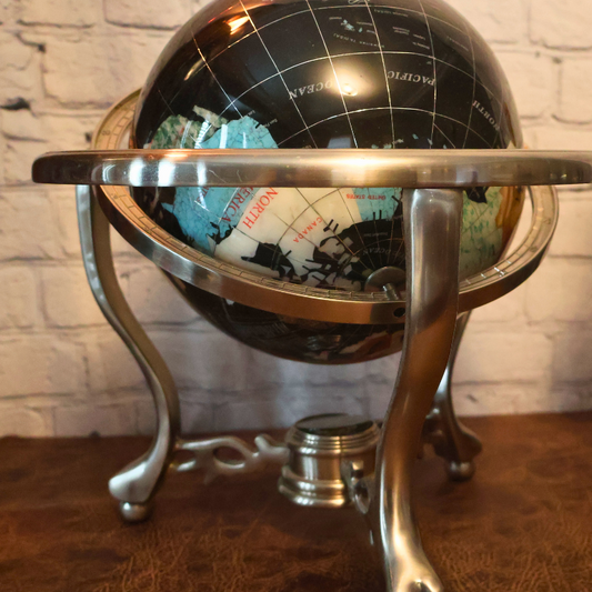 Medium Black  and Silver Semi Precious Stone Globe (14 Inch Double Spin)