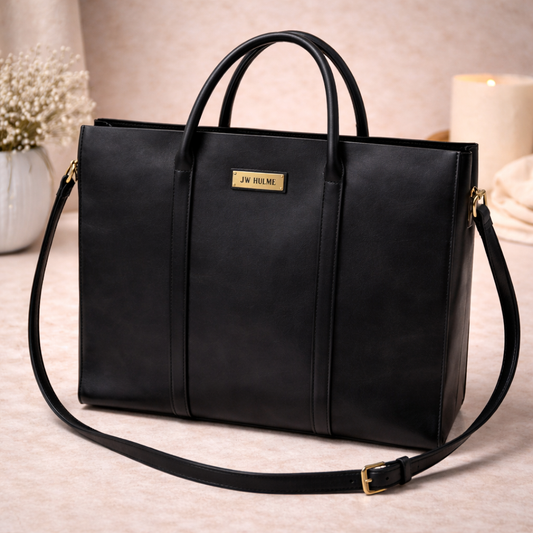 JW Hume Black Full Grain Leather Tote Bag | Luxury Handmade Structured Work Tote | USA Made Classic Leather Handbag