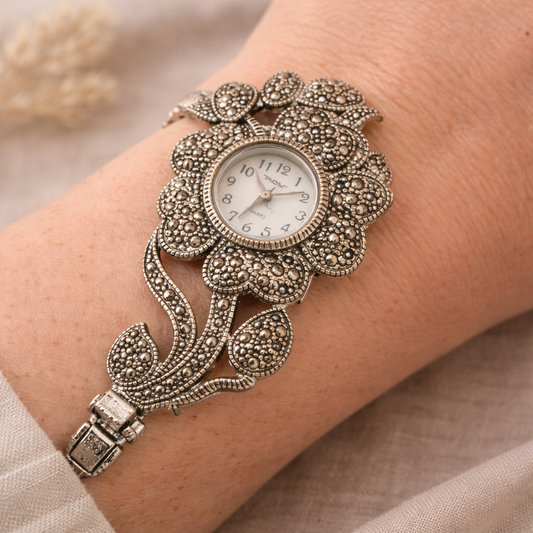 Vintage Floral Marcasite Style Bracelet Watch | Statement Jewelry Watch | Silver Tone Quartz
