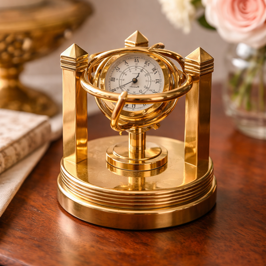 Vintage Brass Desk Clock with Gyroscope Design, Nautical Style Gold Tone