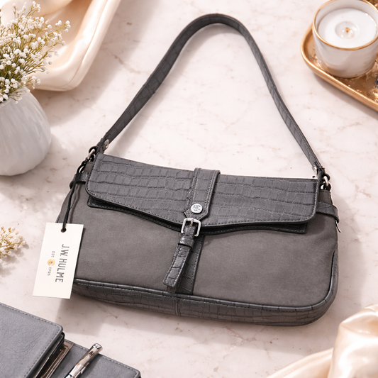 J.W. Hulme Gray Leather Shoulder Bag | Full Grain Leather Crossbody Purse | Vintage Designer Handbag | Made in USA