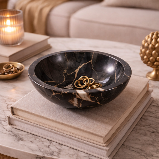 Kalifano Black Onyx Decorative Bowl | Handcrafted Natural Stone Centerpiece | Luxury Home Decor Accent