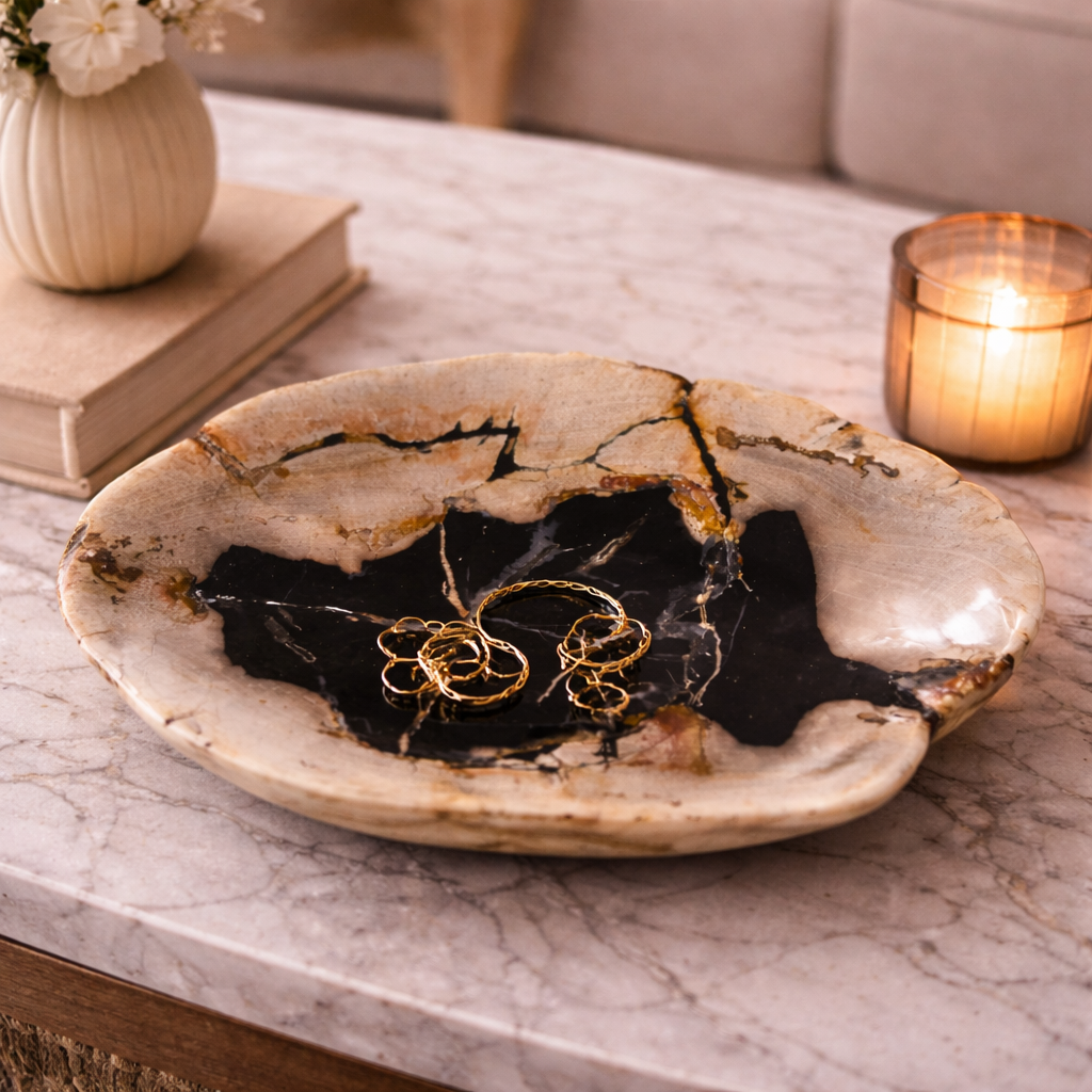 Kalifano Petrified Wood Decorative Plate | Natural Stone Catchall Bowl | Organic Luxury Centerpiece