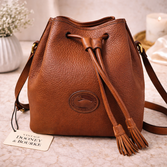 Vintage Dooney & Bourke Brown Pebbled Leather Bucket Bag | Drawstring Crossbody | Classic Tassel Purse