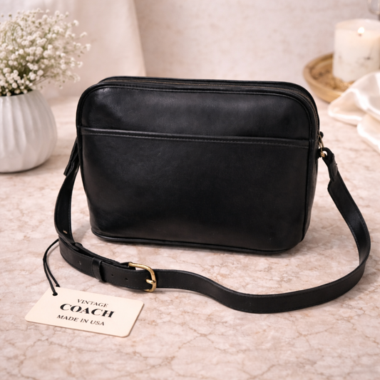 Vintage Coach Black Leather Crossbody Bag | Made in USA | Classic Minimalist Shoulder Purse | Genuine Leather Handbag